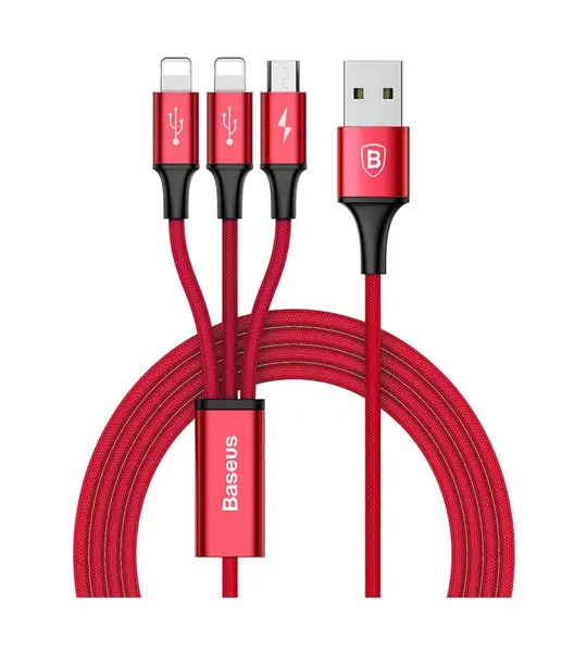 Baseus Rapid Series 3-in-1 Cable Micro USB+Dual Lightning 3A 1.2M-Red Image 4