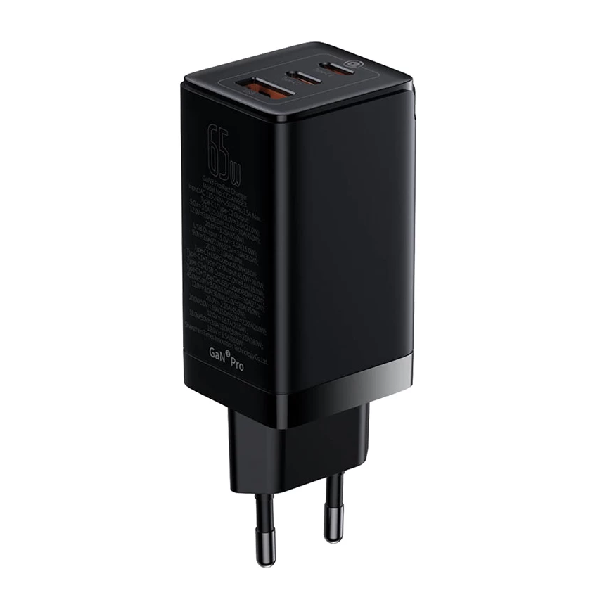 Baseus GaN3 Pro 65W Fast Charger Dual Type-C+USB with Type-C Cable-Black Image 1